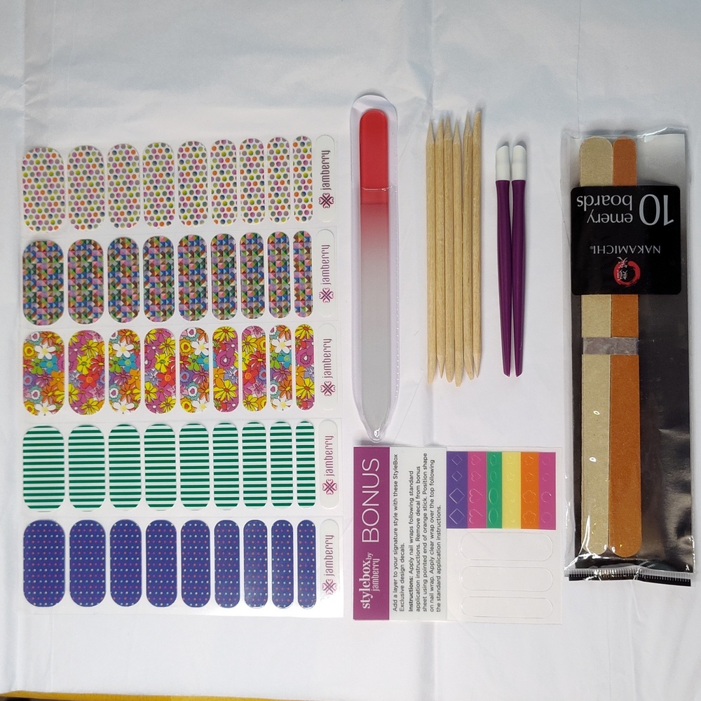 Jamberry Bundle 5 Half Sheets Nail Wraps with 19 Piece Manicure Tools Style Box